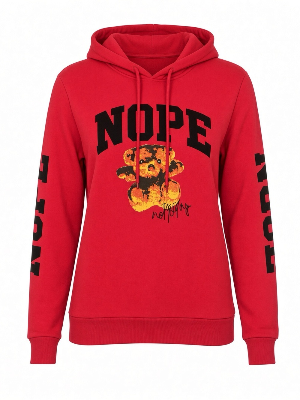 On Fire Red Hoodie with Black NOPE Lettering and Yellow Teddy Graphic